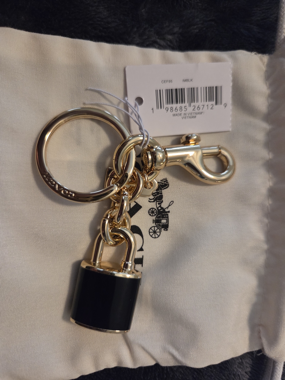 Coach Gold-Tone Hardware with Black Enamel Padlock Keyring